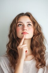 Naklejka premium A woman with long brown hair and a finger on her lips