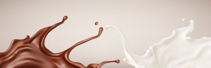 Chocolate and milk splash background. Milk and melted brown choco. Realistic vector illustration