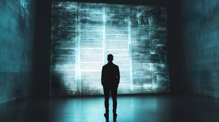 Fototapeta premium A person standing in front of a large, dark, and abstract representation of a legal document, ethereal lighting creating a surreal and disorienting effect, artistic style of abstract realism, mood of