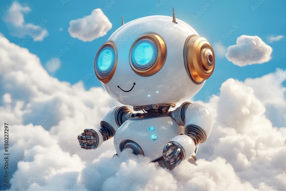 Poster playful robot sitting among the clouds showcasing the integration of ai and cloud computing in a whi