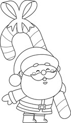Outlined Cute Santa Claus Cartoon Character Holding A Big Gift Candy Cane. Vector Hand Drawn Illustration Isolated On Transparent Background