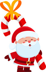 Cute Santa Claus Cartoon Character Holding A Big Gift Candy Cane. Vector Illustration Flat Design Isolated On Transparent Background