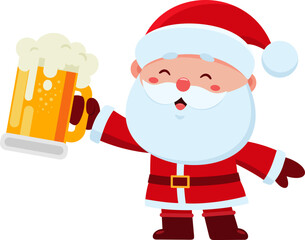 Cute Santa Claus Cartoon Character Holding A Beer Glass. Vector Illustration Flat Design Isolated On Transparent Background