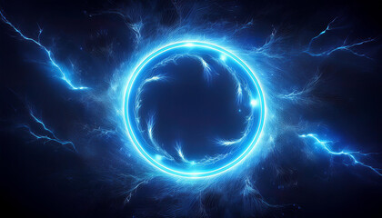 Abstract blue lightning circle on dark backdrop. Mysterious shape.