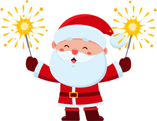 Cute Santa Claus Cartoon Character Holding A Sparklers. Vector Illustration Flat Design Isolated On Transparent Background