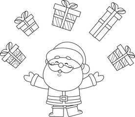 Outlined Cute Santa Claus Cartoon Character Juggling With Gifts Boxes. Vector Hand Drawn Illustration Isolated On Transparent Background