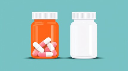 Colorful pill bottles with capsules in a modern design, ideal for health and wellness-related projects and stock photography.