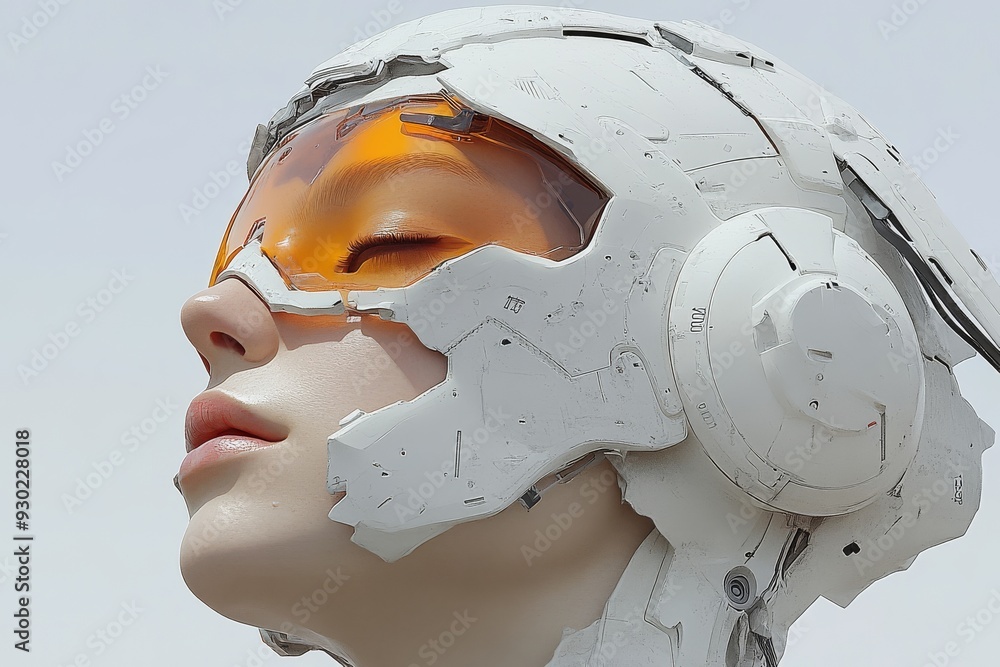 Poster futuristic humanoid with closed eyes and a serene expression symbolizing the blend of human and ai i