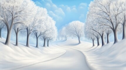 Fototapeta premium A painting of a snowy road with trees on either side, AI