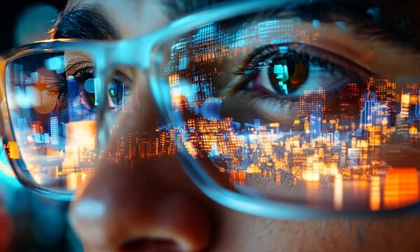 Closeup of a Man's Eyes with City Lights Reflecting in His Glasses