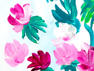Pink abstract flowers, original hand drawn, impressionism style, color texture, brush strokes of paint