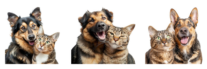 Set of Happy dog and cat that looking at the camera together isolated on a transparent background