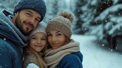 Fototapeta premium A happy family of three enjoying a snowy day in the woods, sharing warm smiles and cozy winter outfits in a magical winter wonderland.