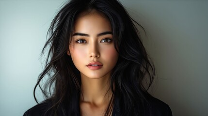 Fototapeta premium A woman with long black hair is looking at the camera