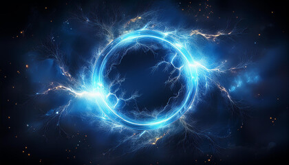 Abstract blue lightning circle on dark backdrop. Mysterious shape.