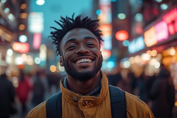 Obraz premium A joyful young man smiles brightly, surrounded by vibrant city lights during the evening, capturing the essence of happiness.