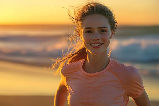 A joyful woman running on the beach during sunset, embracing nature and fitness with a smile.