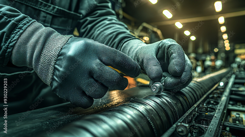 Poster close-up of factory worker's gloved hands adjusting a machine part on an industrial assembly line un