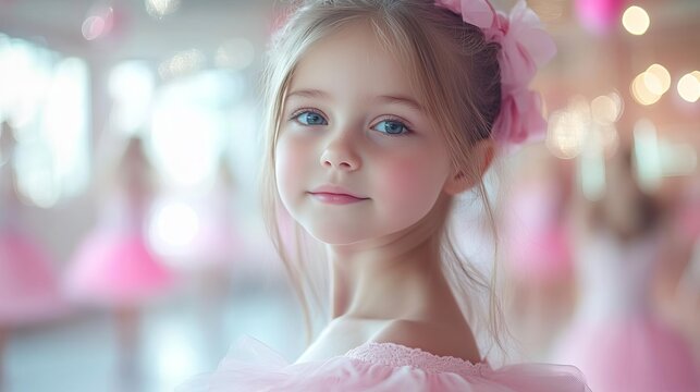 A young ballet dancer in a pink tutu, smiling softly with a flower in her hair, radiating joy and innocence in a dance studio.