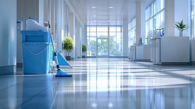 Cleaning cart, blue buckets, mop, cleaning supplies, reflective floor, modern office building, glass windows, empty hallway, institutional interior, janitorial equipment.