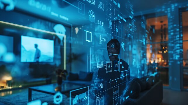 Intelligent Home Security Analytics, Illustrate intelligent home security analytics, showing AI algorithms analyzing security footage to identify suspicious activities