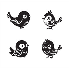 Adorable Bird Vector Silhouettes, Cute Bird Art Illustrations Set