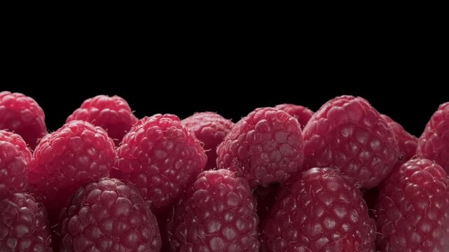 Close-up of a bunch of ripe raspberries on a black
