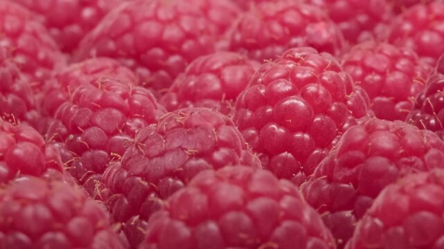Close-up of ripe scarlet raspberries. motion over red