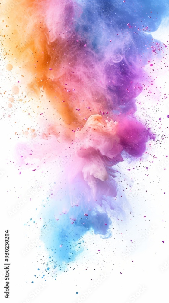 Poster a dynamic burst of colorful powder erupts, forming a beautiful rainbow pattern on a white background