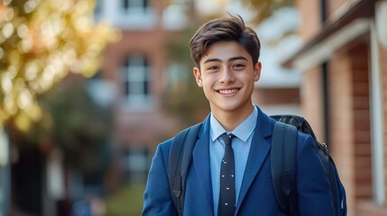 Fototapeta premium Confident student standing outdoors, ready for school, wearing a suit and backpack, showcasing determination and enthusiasm.