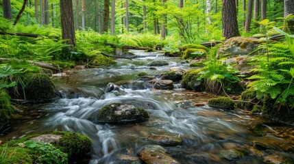 Obraz premium Forest streams babble over rocks, their clear waters reflecting the greenery of their surroundings.