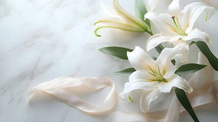 Obraz premium Elegant white lilies on white marble countertop, pure white petals, green stems, delicate silk ribbon, soft natural light, minimalist floral arrangement, wedding concept.