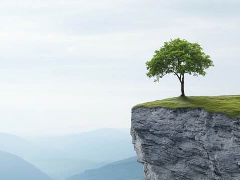 Lone tree growing on the edge of a cliff representing resilience and solitude in a mountainous landscape
