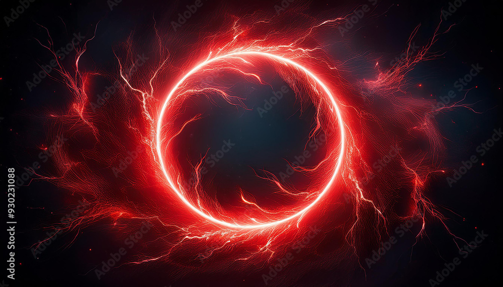 Poster abstract red lightning circle on dark backdrop. mysterious shape.