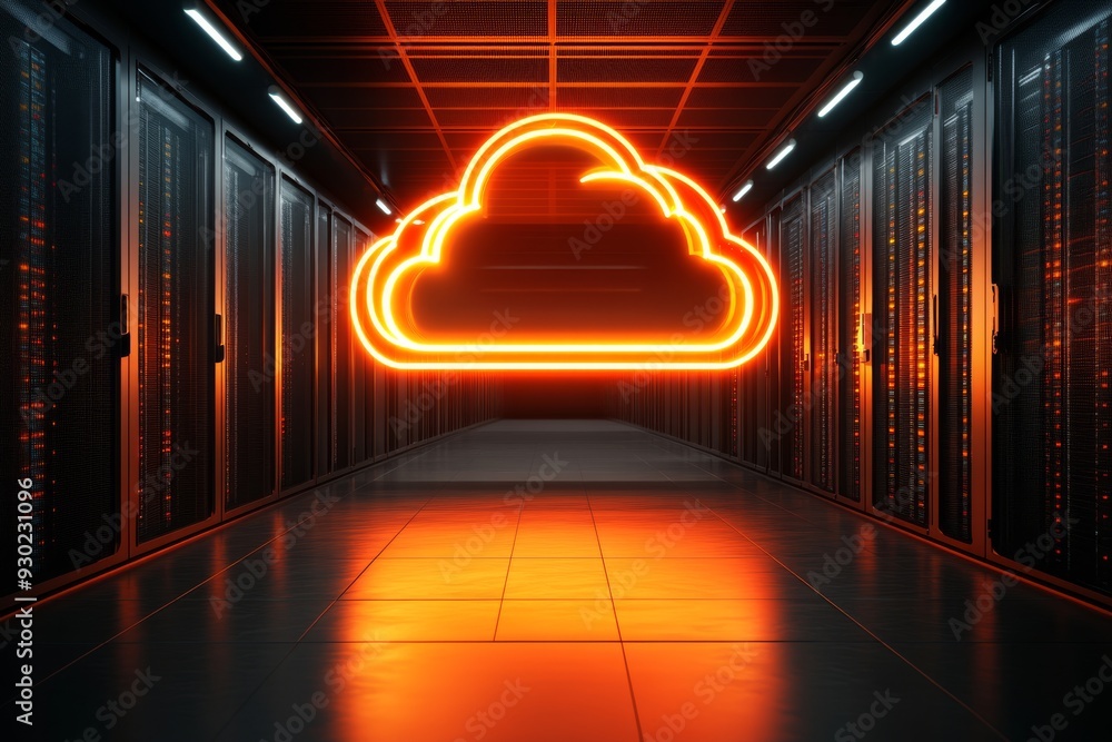 Poster vibrant neon orange cloud glowing in a dark server room symbolizing the energy and dynamism of cloud