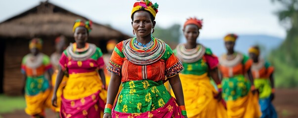 Fototapeta premium A group of women in colorful traditional attire walking in harmony, showcasing vibrant culture and community spirit in a rural setting.