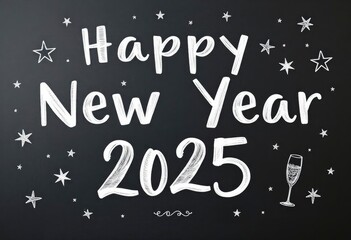 text 'Happy New Year 2025' in a chalkboard style with hand-drawn elements like stars and champagne glasses, giving a cozy feel, ai