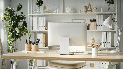Modern home office setup with a computer, plants, and organized shelves in a bright, minimalistic workspace.