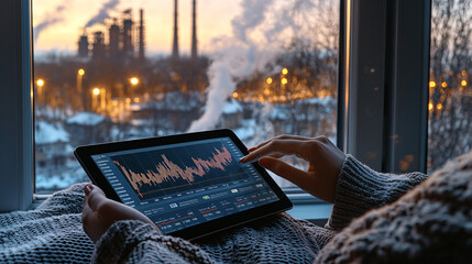 Person analyzing stock market data on tablet with factory view outside window, industrial background during sunset.