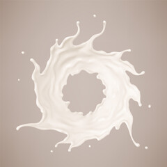 Circle milk splash. Natural dairy product, yogurt or cream splash. Realistic Vector illustration