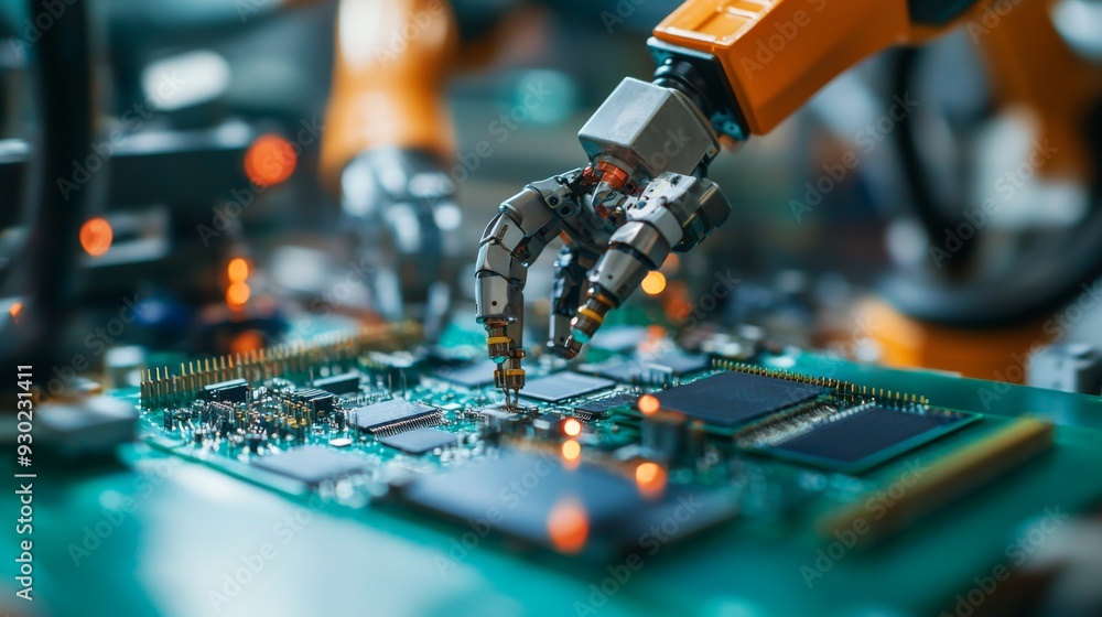 Poster robotic arm assembling electronic circuit board with precision. high-tech automated device enhancing