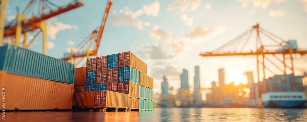 Poster shipping containers stacked at a busy port with cranes and city skyline in the background at sunset.