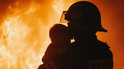 A heroic firefighter rescues a child from danger, silhouetted against the backdrop of a fierce fire blaze.