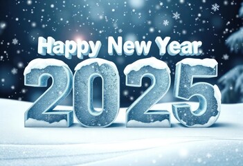 text 'Happy New Year 2025' in block letters made of ice, with snowflakes gently falling around it in a winter scene, ai