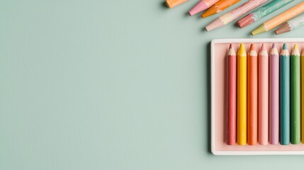 Fototapeta premium Top view of colorful pencils arranged neatly on a light green background, perfect for creativity, school, art, and educational themes.