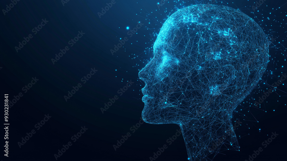 Aufkleber an artificial intelligence in humanoid head vector in wireframe low poly style. ai with digital brai