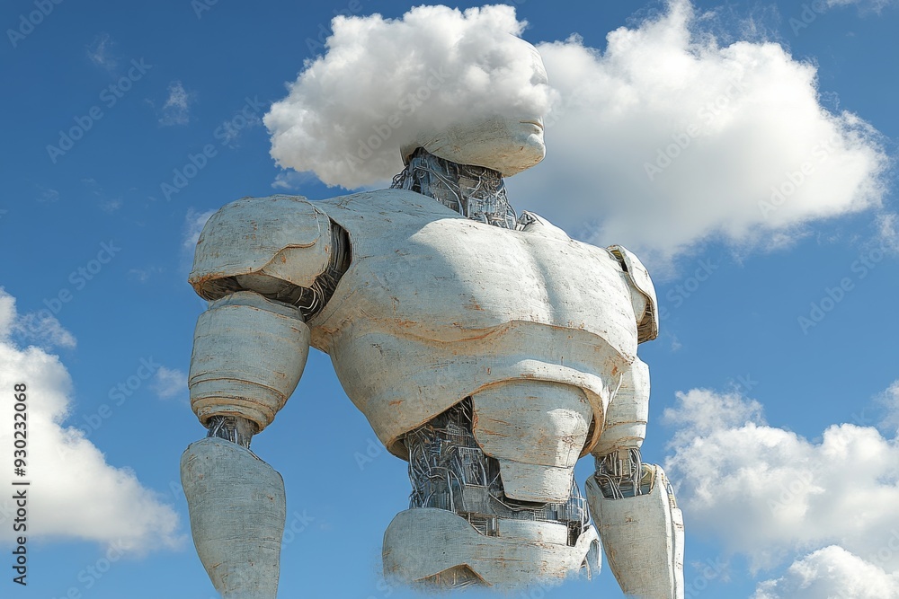Poster giant stone robot with a cloud covered head symbolizing the convergence of technology and nature in 