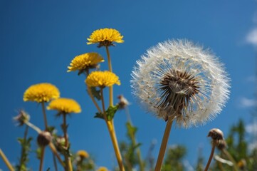 Naklejka premium Dandelion seeds floating against bright blue sky