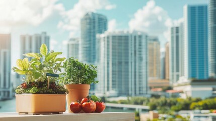 Fototapeta premium Urban rooftop garden with potted plants and tomatoes, overlooking a modern city skyline on a sunny day.