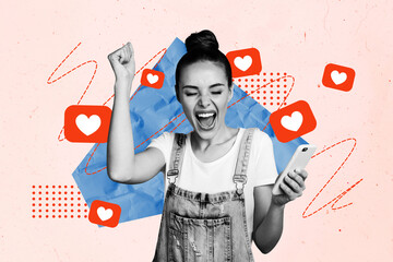Creative photo collage young woman celebrate victory smartphone digital device icon notification blogger feedback popularity